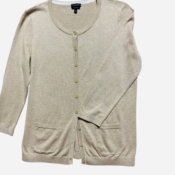 Talbots Pima Cotton Gold Metallic Cardigan Sweater Size Medium - Picture 1 of 6